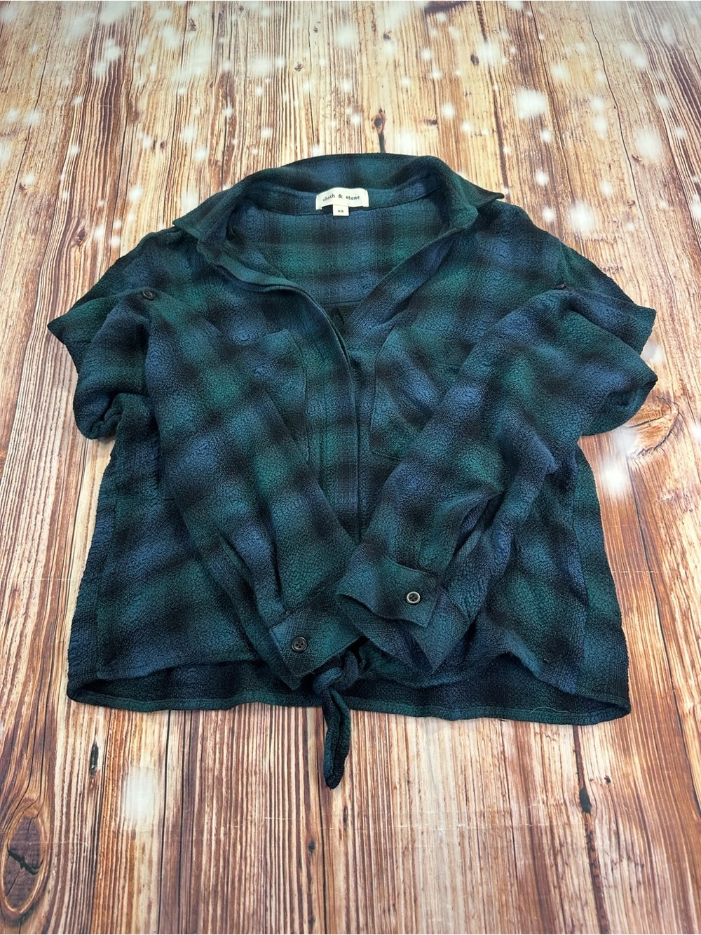Cloth & Stone Sapphire Plaid Tie Front Shirt Green Blue Size XS - Picture 6 of 12